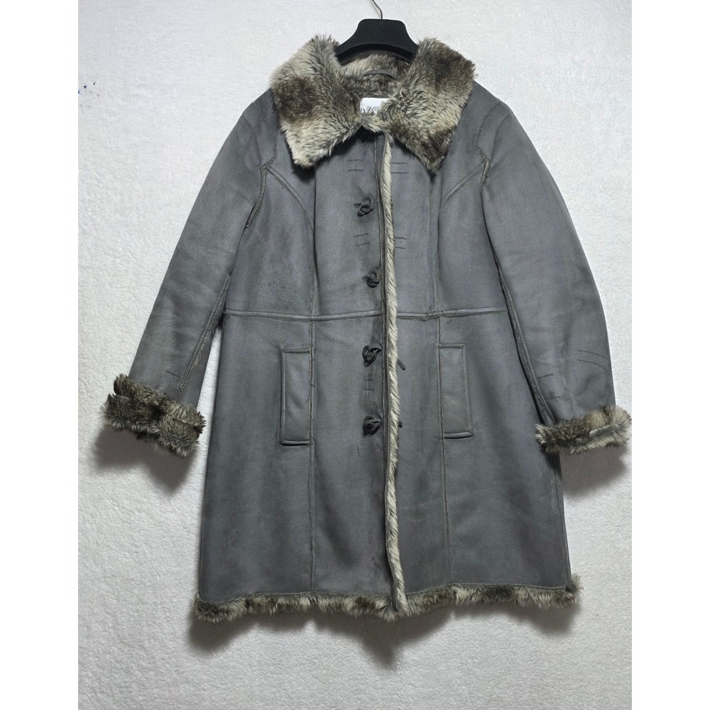 Avenue Women's Gray Faux Shearling Fur Trim Toggle Coat Plus Size 18/20